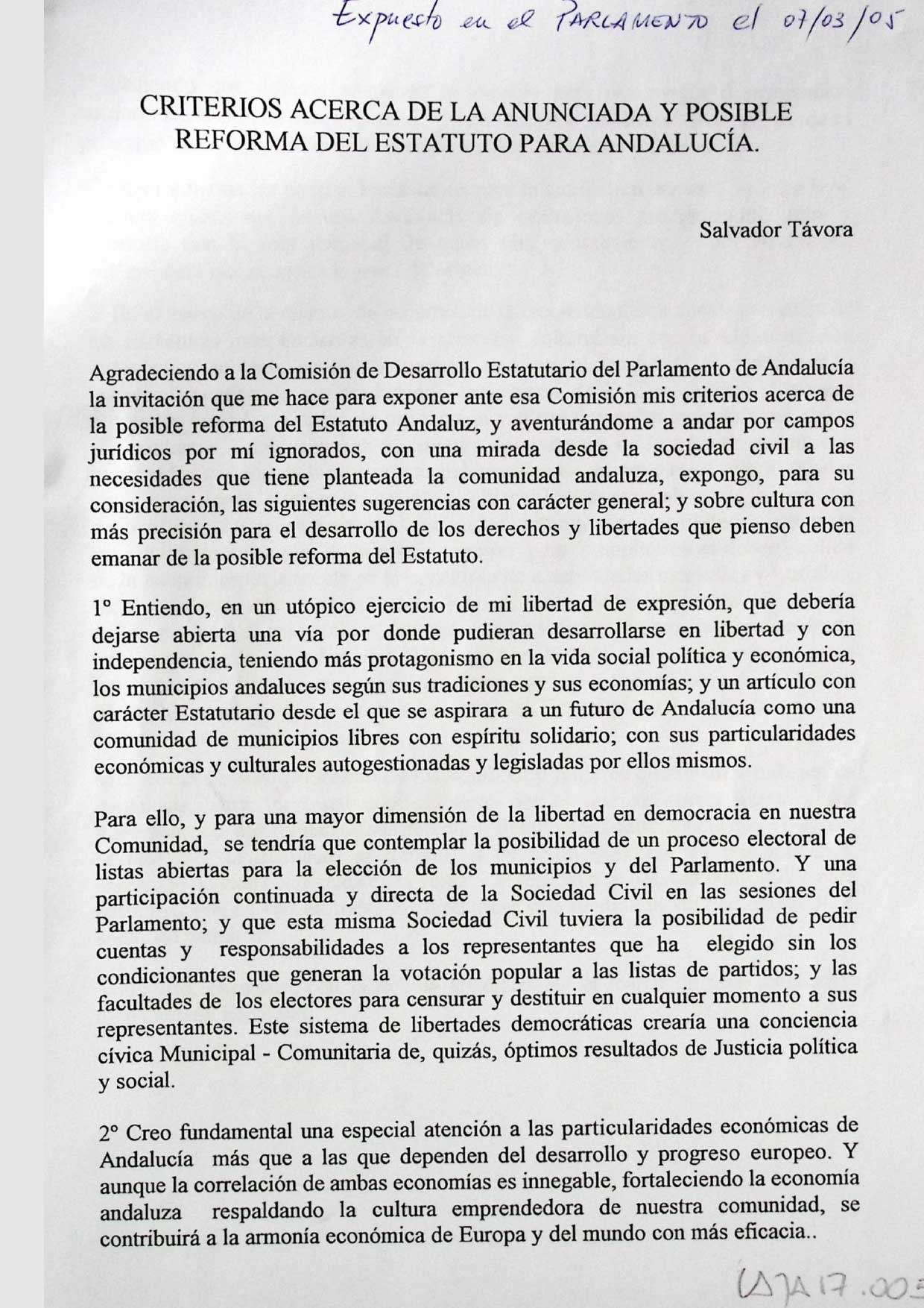 Criterios acerca de la anunciada y posible reforma del Estatuto para Andalucía