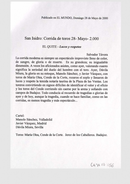 San Isidro: Corrida de toros 28- Mayo-2000. El quite - Luces y respetos
