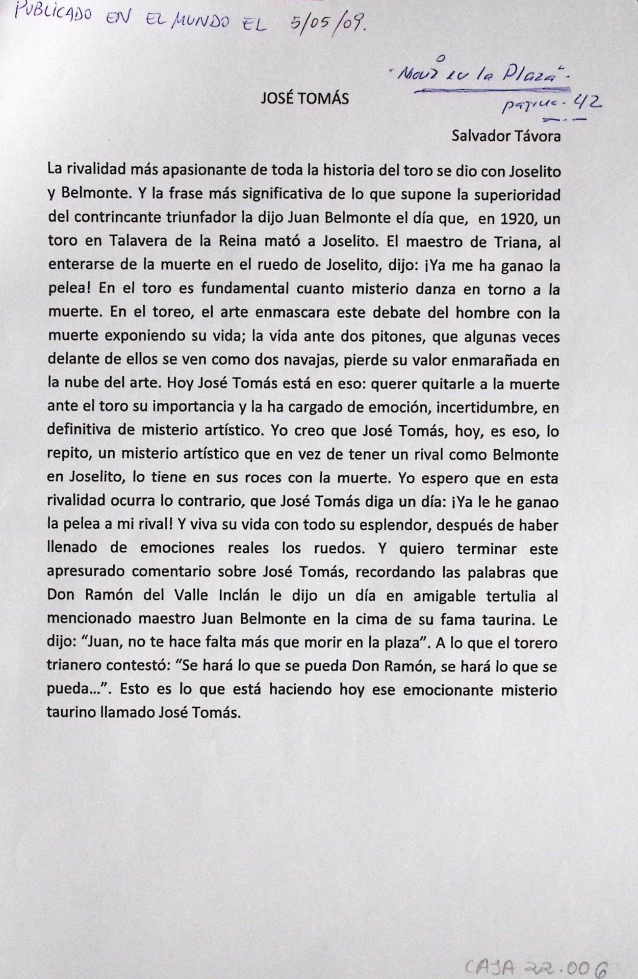 José Tomás, "Morir en la Plaza"